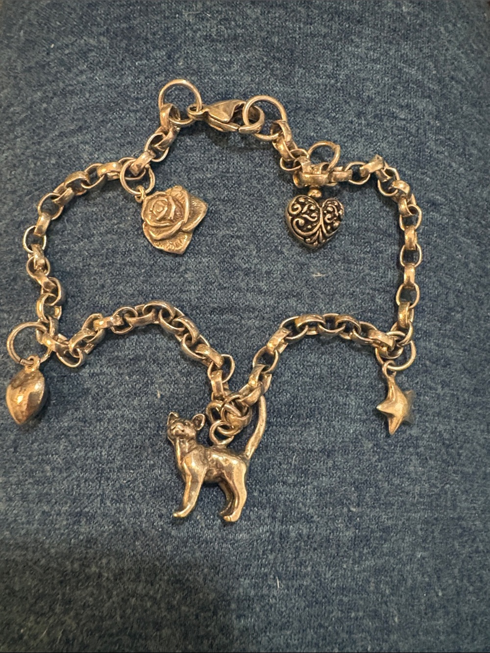 Sterling Silver Hearts-Flowers -Stat and Kitty Charm aBracelet